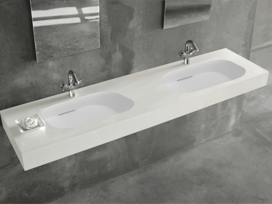 Plan double vasques système d’évacuation discret L 100 à 201 x P 40 à 51 cm, finition lisse mate, 10 couleurs Résine Anti-bactérien Akrytan® teinté dans la masse, Livraison Offerte
